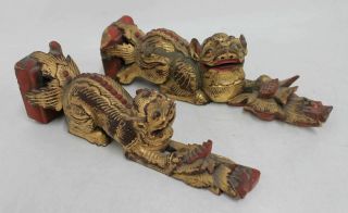 Antique 11.  5 " Wood Carved Asian Buddhist Temple Guardian Lions Foo Dogs Pair