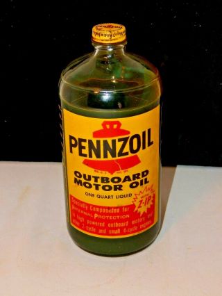 Vintage Pennzoil Outboard Motor Oil One Quart Glass Bottle Un - Opened Oil City Pa