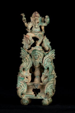 19th Century Antique Bronze Khmer Ganesha,  Yoni & Naga Stupa - 15cm/6 " Tall