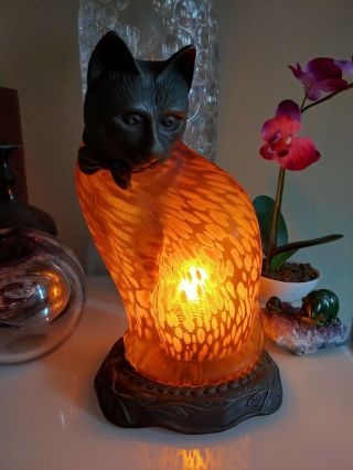 Andrea By Sadek Amber Art Glass & Bronze Cat Lamp 1996 Tin Chi Must Have Buy It