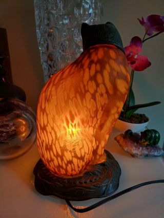 ANDREA BY SADEK Amber Art Glass & Bronze Cat Lamp 1996 Tin Chi Must Have Buy it 3