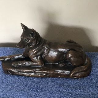 Vtg Bronze German Shepherd Dog Figure Metal Casting Laying Down Metal Sculpture
