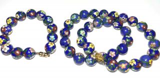 Vtg Chinese Export Blue Cloisonné Enamel Beaded Necklace Strand & Bracelet
