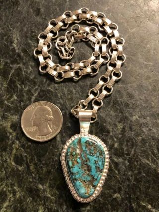 Vintage Navajo Dd Large Sterling Silver Turquoise Pendant Chain Necklace 925