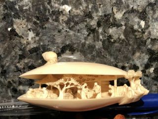 Antique Chinese Ivory Carving Clam Shell Of Village Scene.