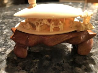 Antique Chinese Ivory Carving Clam Shell Of Village Scene. 2