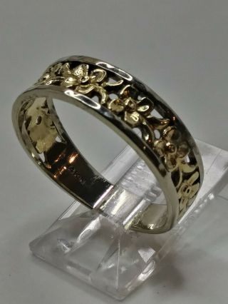 14k White And Yellow Solid Gold Flower Design 6mm Band Vintage Ring Size 9.  75