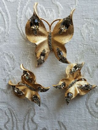 Vintage Crown Trifari Large Butterfly Brooch / Clip Earrings Gold W Rhinestones