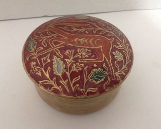 VINTAGE SOLID BRASS CLOISONNE GAZELLE TRINKET DISH BOX TIN WITH LID INDIA 3