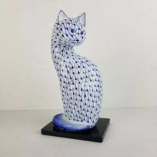 Vintage Cat Figurine Blue Fishnet Ceramic Porcelain Andrea By Sadek 10in