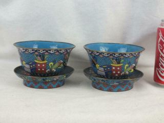 Pair 19th C Chinese Cloisonne Objects Bowls On Stands