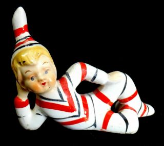 Vin 1960s Reclining Jester Elf Pixie Figurine With Striped Clothing Japan 3 - 1/2 "