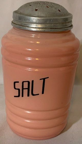 Vintage Pink Milk Glass Salt Shaker Black Writing Retro W/ Aluminum Cap (c)