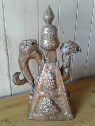 Large Antique Tibetan Copper Repousse Buddhist Water Ewer