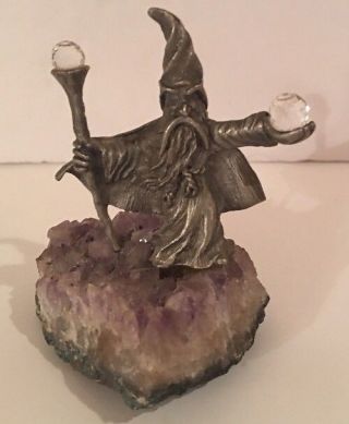 Pewter Wizard Holding 2 Swarvoski Crystal Balls On Amethyst Crystal Base