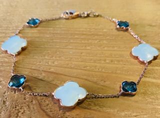 Vintage Dyadema Italy 14k Rose Gold Clover Mother Of Pearl & Blue Topaz Bracelet