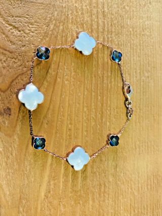 Vintage Dyadema Italy 14K Rose Gold Clover Mother of Pearl & Blue Topaz Bracelet 2