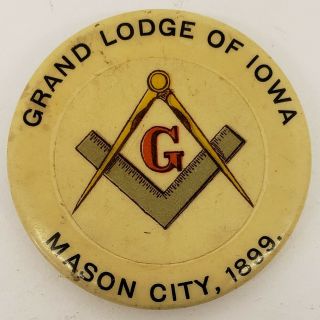 Antique Pin Masonic Grand Lodge Iowa 1899 Whitehead & Hoag Co Newark Celluloid