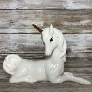 Vintage Enesco White Porcelain Unicorn Gold Horn Fantasy Horse