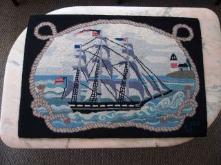 Fine Vintage Claire Murray 100 Wool Hooked Rug Nautical Ship Old Ironsides Boat