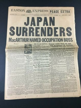 War Ends World War Ii August 14 1945 Japan Surrenders Easton Express Newspaper