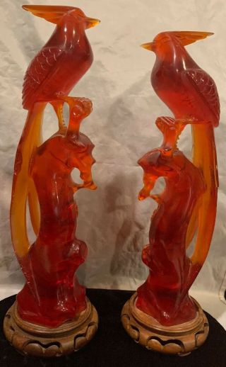 Lovely Antique Chinese Cherry Amber Resin Carved Birds 11”