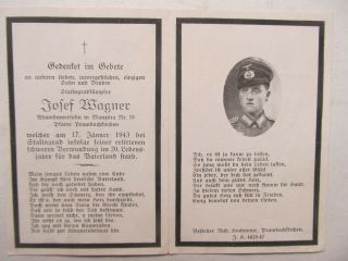 Scarce Wwii German Death Card,  Luftwaffe Soldier Kia Stalingrad Fighting,  Wagner