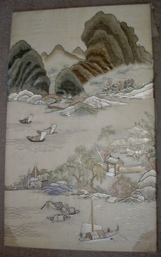 Old Japanese ? Or Chinese ? Silk Embroidered Landscape Picture 32 X 19 Inches