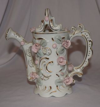 Euc Vintage Bone China Flower Watering Can Gold Trim 6.  1/4 " Tall