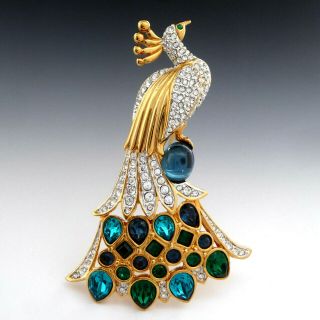 Retired Swan Signed Swarovski Crystal Peacock Gold Plated Rhinestone Pin Brooch