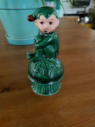 Inarco Vintage Ceramic Knee Hugger Green Christmas Holly Pixie Elf E - 2506