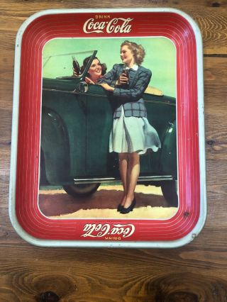 Vintage 1942 Rectangle Coke Coca Cola " Two Girls With Car " Serving Tray