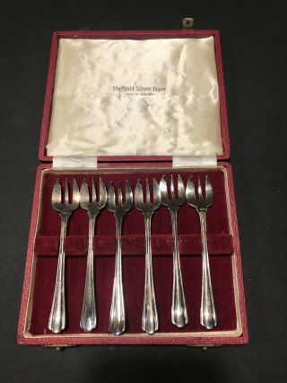 Vintage Sheffield Set Of 6 Silver Plate Pickle Forks In Case