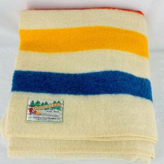 Vintage Orrlaskan 100 Wool Blanket Blue Red Yellow Stripe On Cream 80 " X 72 Usa