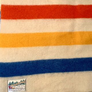 Vintage ORRLASKAN 100 Wool Blanket Blue Red Yellow Stripe on Cream 80 