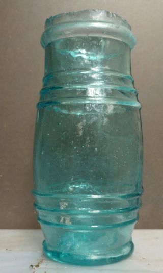 Early Barrel Mustard Bottle - Ice Blue Color - Sheared Lip - C1860s