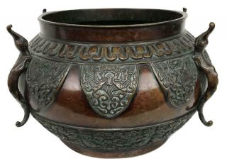 Big Antique Victorian Japanese Meiji Bronze Phoenix Vase Planter Pot Censer Bowl