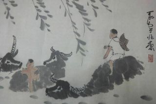Very Long Old Chinese Scroll Hand Painting Kids And Cattles " Likeran " Marks