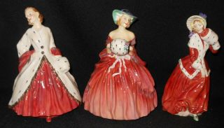 3 Royal Doulton Lady Figurines Red Dresses & Ermine Genevieve Christmas Morn