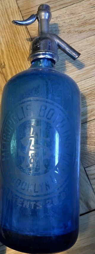 Vintage Blue Glass Seltzer Bottle - Metropolis Bottling Co. ,  Brooklyn,  York