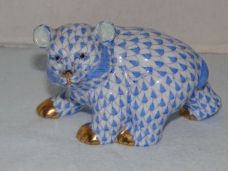Herend Of Hungary Walking Bear Cub - Blue Fishnet - Porcelain Figurine