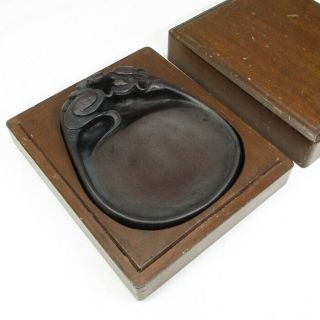 D647: Chinese Ink Stone With Good Sculpture And Dedicated Wooden Box
