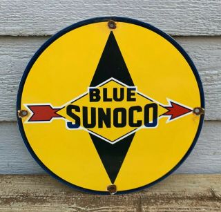 Old Sunoco Blue Gasoline Sign Porcelain Gas Pump Plate Service Station Rust