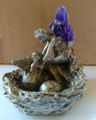 Comstock Pewter Fairy In Nest Hatching Egg 4446,  Figurine,  Garden,  Purple Wings