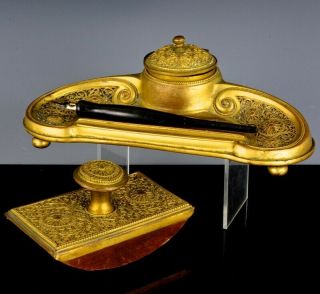 Very Pretty Victorian Gold Gilt Bronze Filigree Inkwell Pen Stand & Desk Blotter