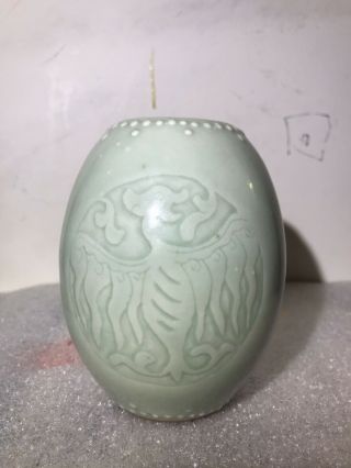 Antique Chinese Qing Dynasty Celadon Porcelain Jar,  Marked.