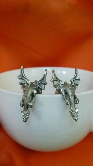 Whimsical Dragon Earrings Stud Pierced Pewter Fantasy Aurora Borealis Orb Stone
