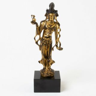Antique Gold Gilt Bronze Statue Indian Hindu Goddess Parvati 11 " On Stone Plinth