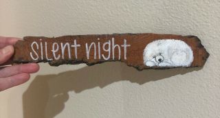 Bark Wood Painted “silent Night “sleeping Samoyed Pup Dog Sign Lisa Rogers