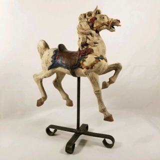 Vintage Rare Hand Carved Carousel Horse Figurine On Metal Stand Htf